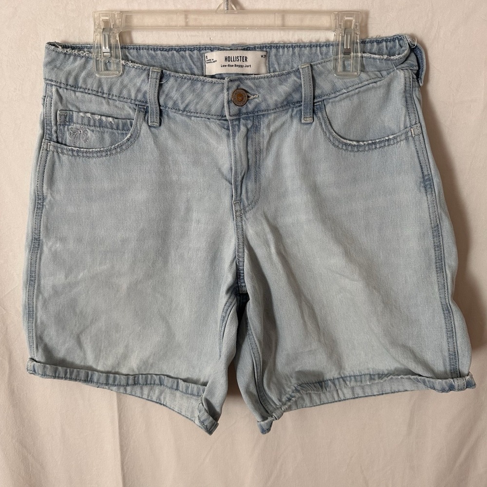 Hollister Women's Low Rise Light Blue Denim Baggy Jort Bow Detail Size 8 W29